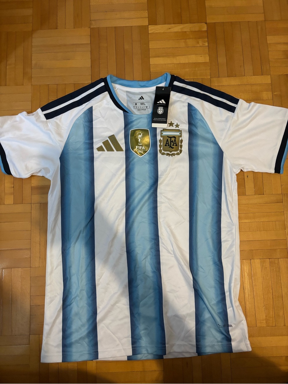 adidas White & Light Blue Argentina Football Jersey with Gold Crest